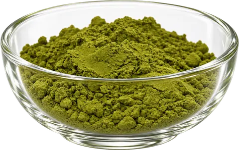Fujian premium matcha in a low clear glass display bowl