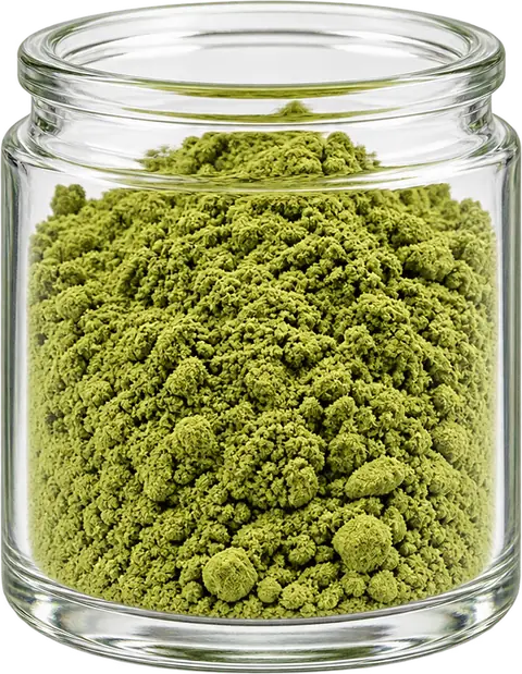 Premium Chinese matcha in a clear glass display jar